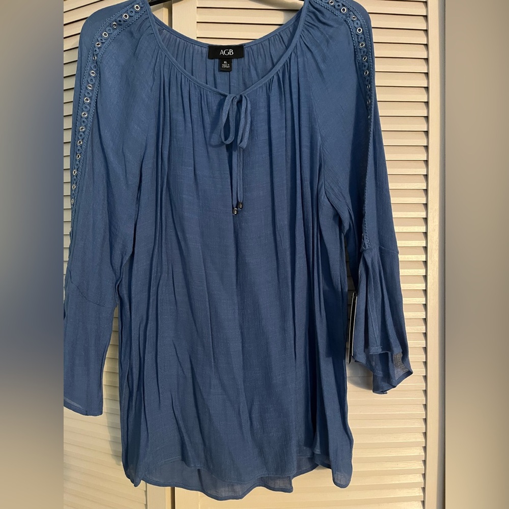 AGB Blue Tie Front Blouse Relaxed Style